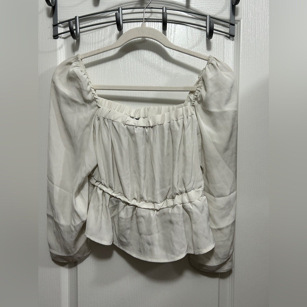 7 for‎ all mankind white puff sleeve square neck cropped satin blouse women’s XS